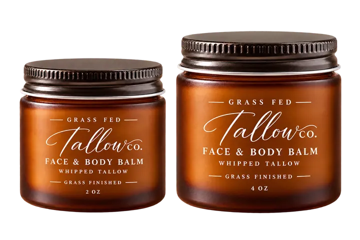 Full opaque amber tallow balm jars: 2 oz left and 4 oz right